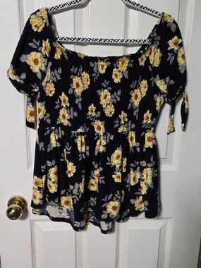 Ardene Black Floral Smocked Peplum Blouse - Yellow & Gray Flowers